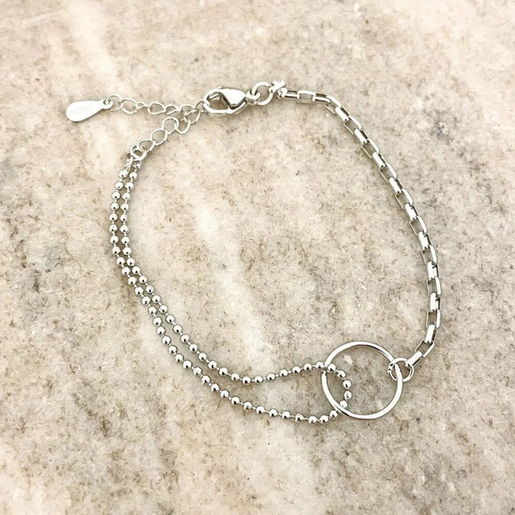 925 Sterling Silver Dainty Circle Bracelet Minimalist Asymmetric Chain Bracelet - Picture 3 of 4